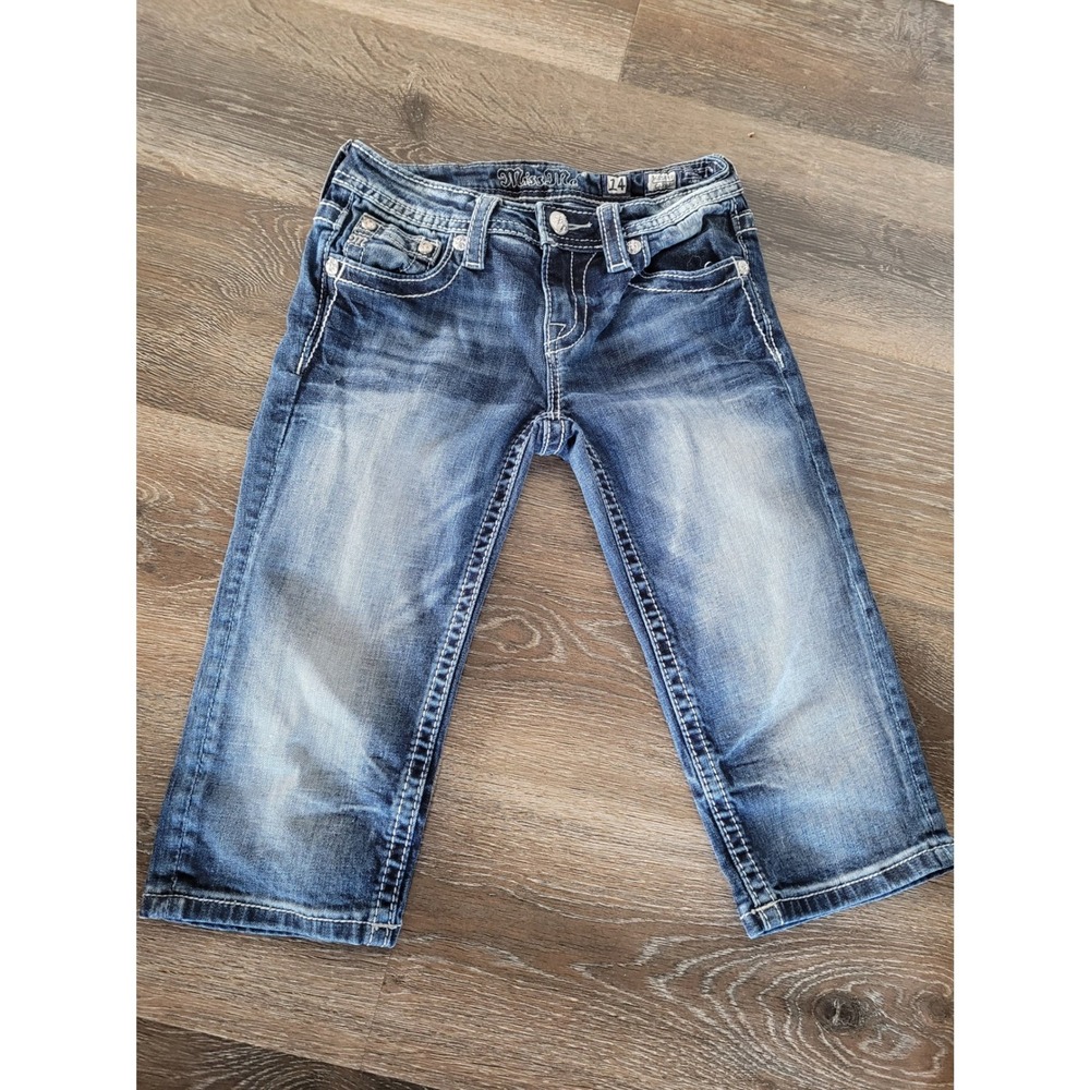 Miss Me Girls Blue Denim Capri Pants Embroidered Flap Pocket JK8599P Size 14 #1